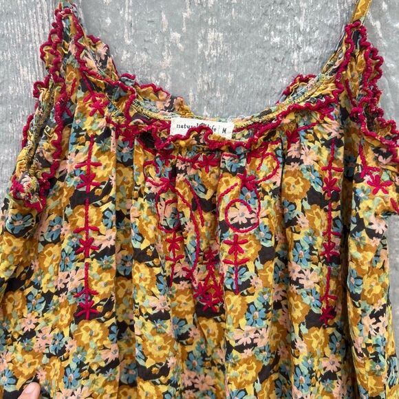 Natural Life Yellow Ruffle Tiered Embroidered Boho Summery Festival Mini Dress M - Picture 5 of 6